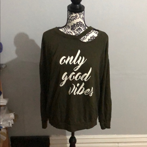Express Sweaters - Olive Green 'Only Good Vibes' Sweatshirt